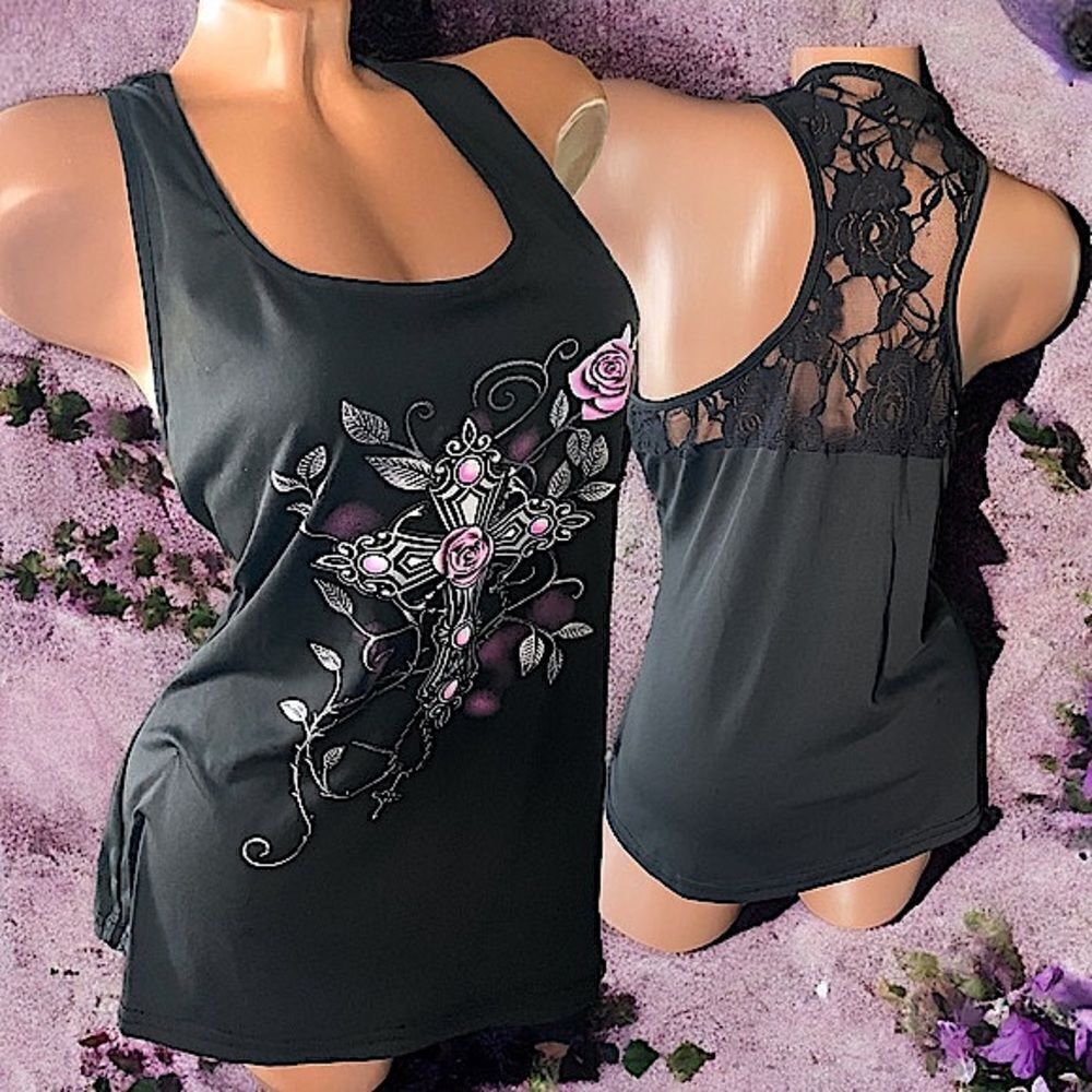 Cross & Roses Design  l Black w/ Purple  l Tank Top l Lace Racerback l 2X l EUC